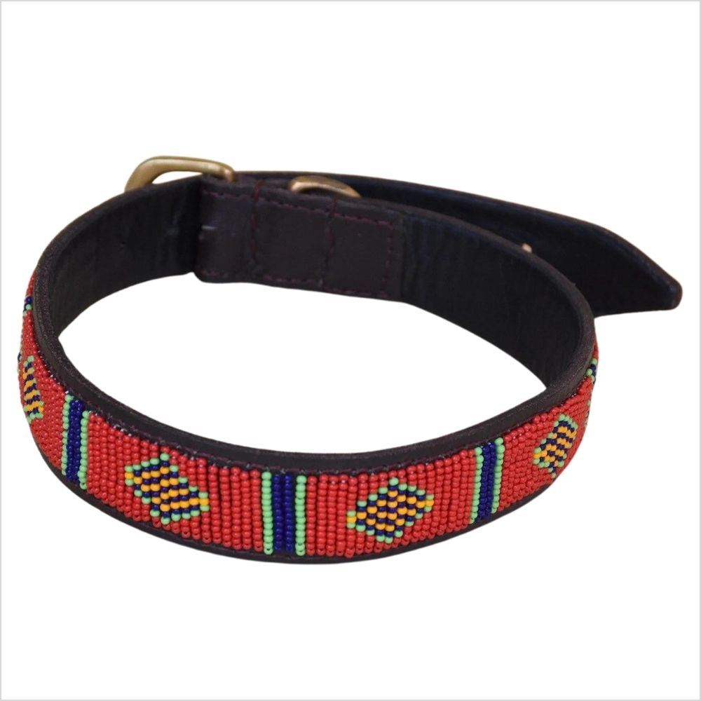 Beaded Dog Collar - Red Half Drop Pattern